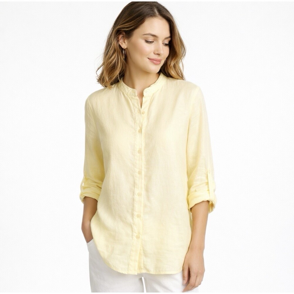 Ann Taylor Women’s 100% Linen Button Front Top M Yellow Roll Tab Sleeve Summer